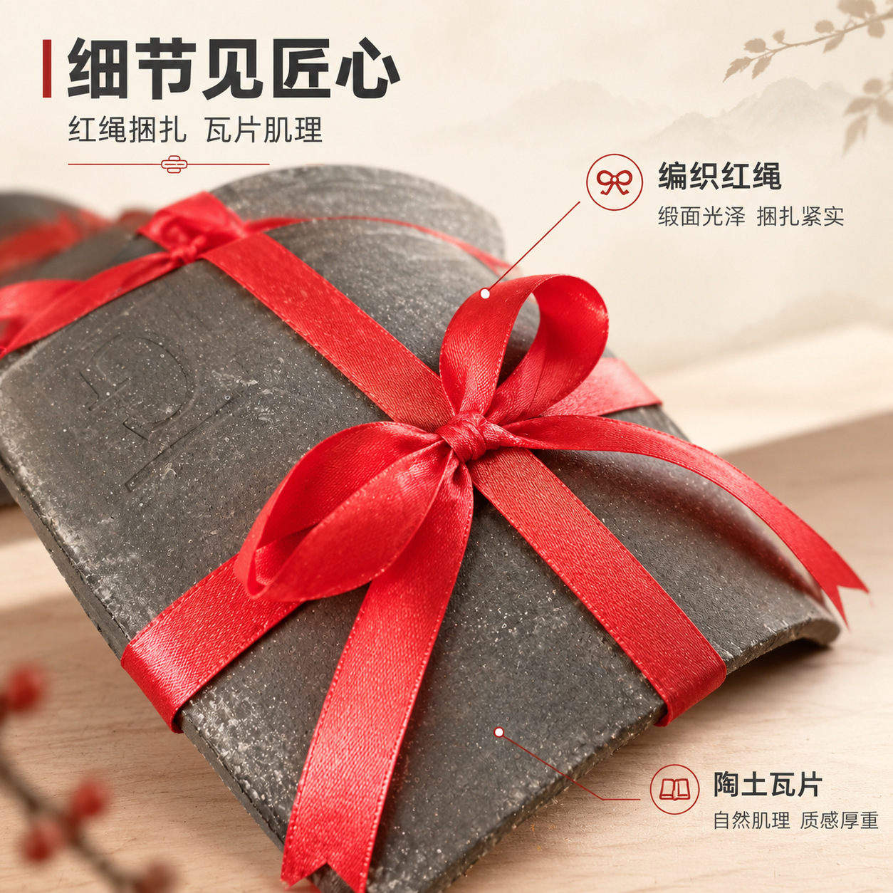 [商品] 使用【图3】瓦片捆红绳装饰摆件（微距特写）；保留瓦片… - 图片创意预览
