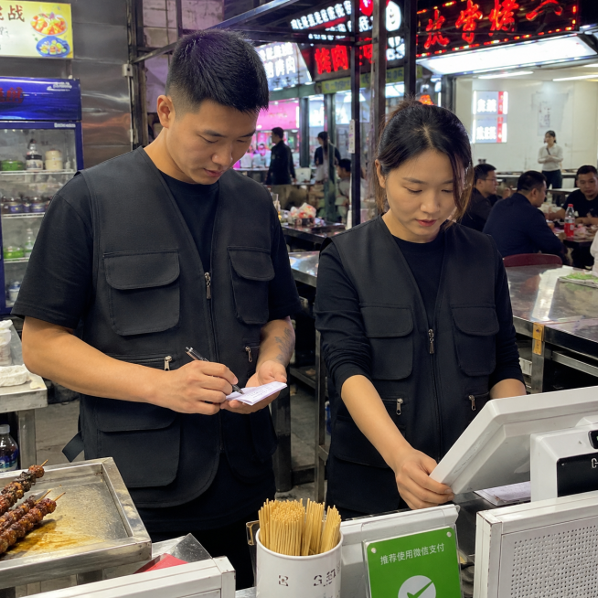 手机实拍图，大排档烧烤店场景，两位服务员穿着黑色多口袋工装马甲，群体展示工作状态，前台结账，展示衣服面料细节质感，每个人领子袖口扣子和参考图完全一致，普通人颜值，真实自然人脸，每个人完美五根手指，正常预览效果