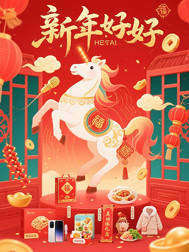 国潮卡通风新年商品海报，以叼金麦克风的 Q 版白骏马为视觉核心，鬃毛飘红金飘带、饰烫金福字与卷草纹，红金声波搭配金粉烟花环绕。四周错落陈列数码、美妆、零食等多元年货，均带新年红金包装。背景以正红为底，叠加祥云、灯笼、剪纸、鞭炮等喜庆元素。中心构图，商品分层环绕，色彩红金为主、亮色点缀，文字突出 “新年好物马上开麦” 主题与促销信息，年味浓郁且卖点鲜明。