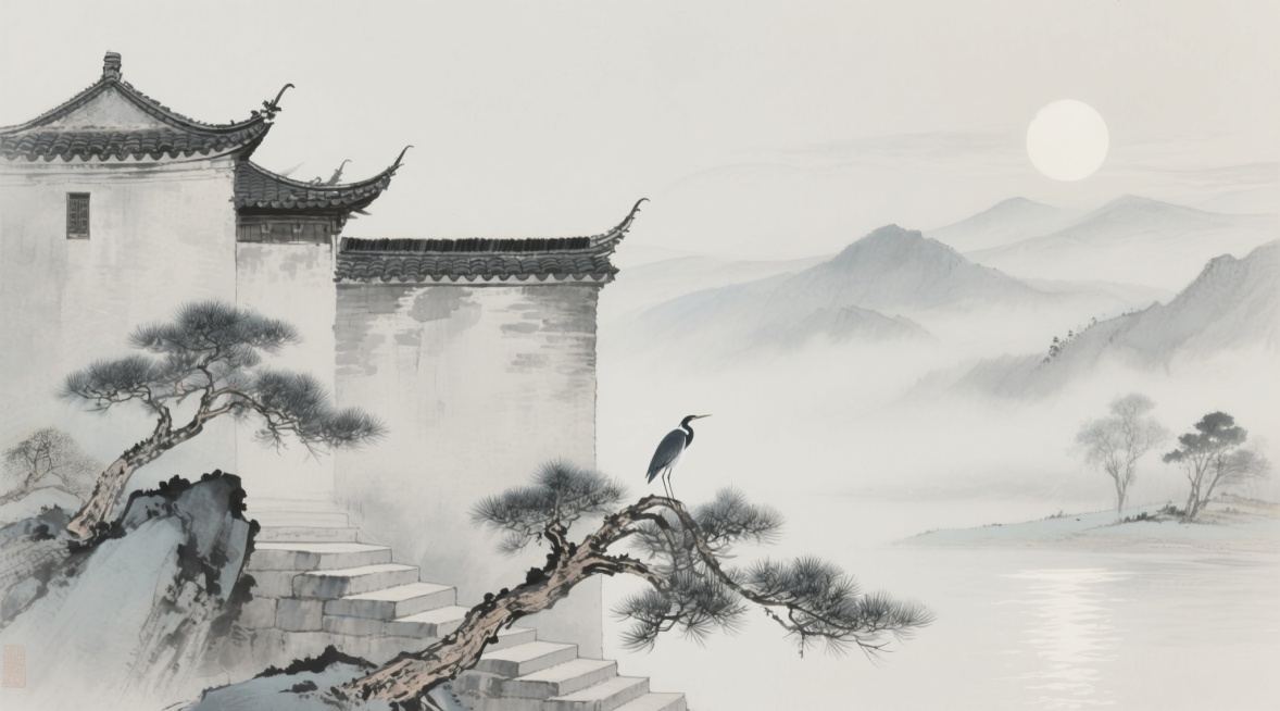 中国水墨画风格的古堡幽梦场景，浅色背景，画面以淡墨渲染远山云雾，近处可见中式古堡的飞檐翘角，墙体以浅灰墨色勾勒，点缀几株疏朗的古松，枝头栖息着夜鹭，月光如水般洒在石阶上，整体氛围静谧空灵，留白处营造悠预览效果