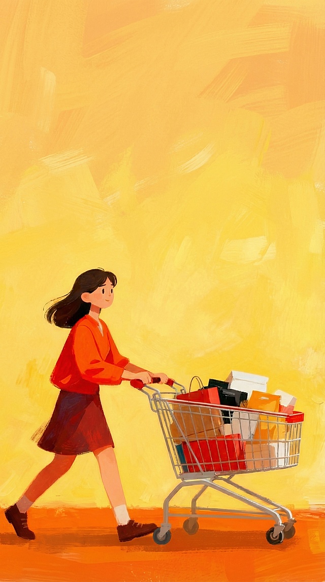 和参考图片同种类型，卡通插画偏油画风格，双十二主题，一个女人推着装满购物商品的购物小车，无文字，简洁干净，暖黄橙色调，保持相同画风