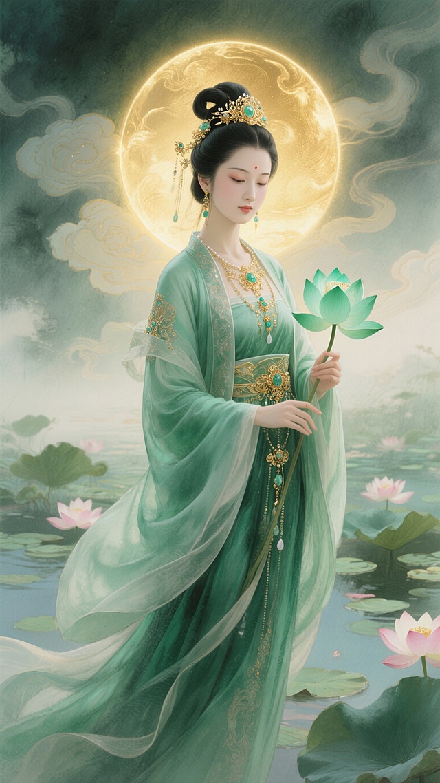 位青绿色的神话仙女，全身像，古典东方艺术风格，极度细腻。她穿着华丽的绿色丝绸长 袍，佩戴精致的黄金与宝石首饰。面容和蔼平静，手持一朵盛开的青莲花。背后有一个发光的金色圆形大光环，周围祥云缭绕，背景是唯美的莲花 池。史诗级光影效果，8k超高清，如梦似幻的氛围