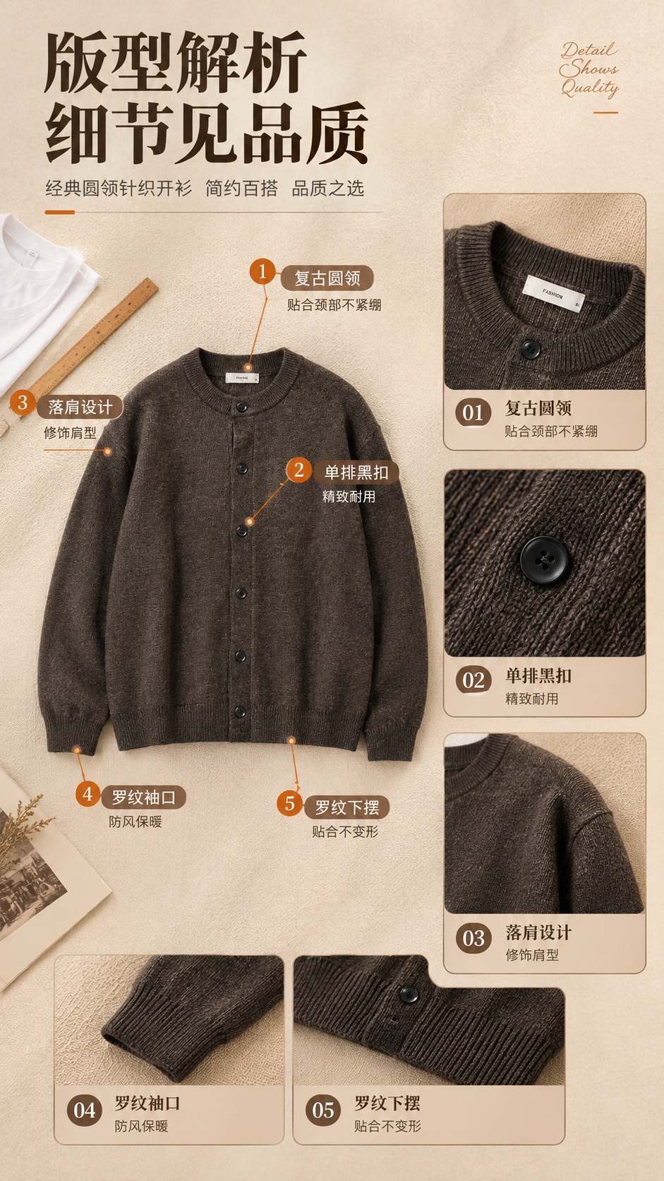 [商品] 使用【图1】深咖色男士圆领针织开衫；商品处理：保留圆… - 图片创意预览