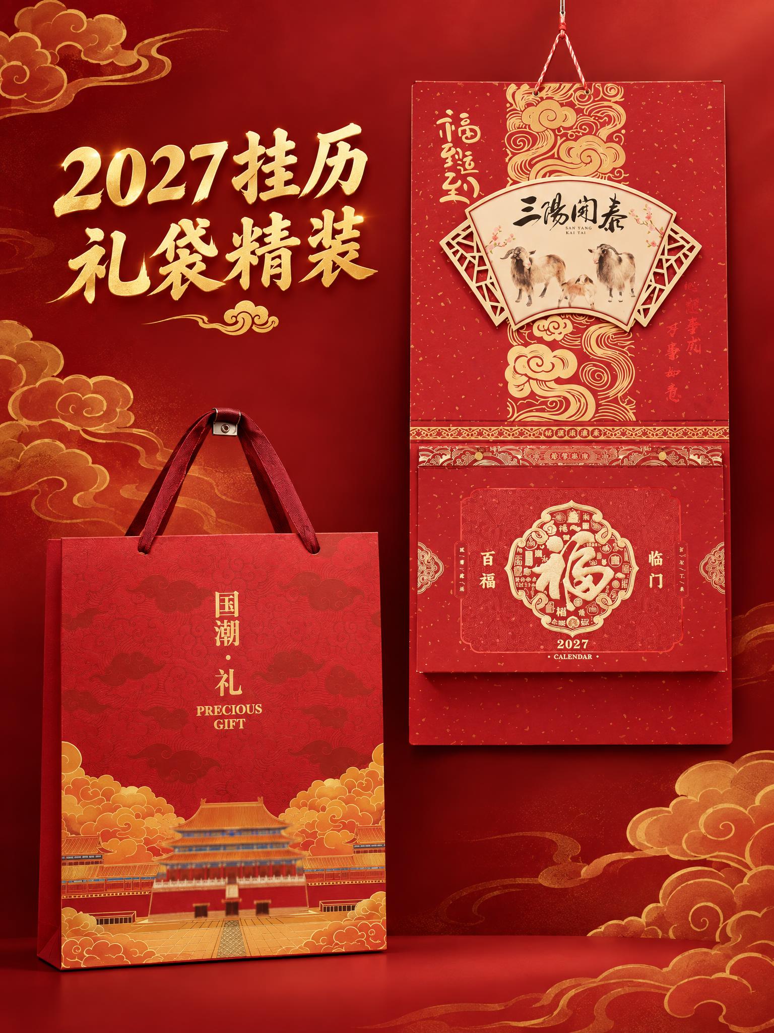 深红色渐变背景，点缀淡金色祥云纹理。画面右侧悬挂展示撕历产品，… - 图片创意预览