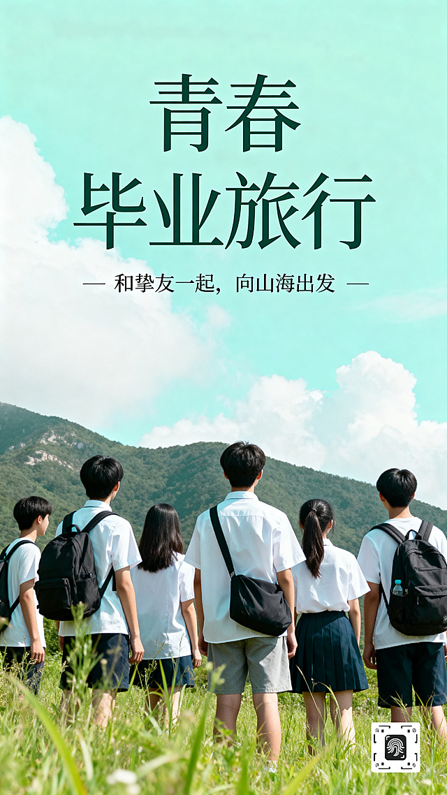 清新文艺毕业旅行旅游宣传海报，森系治愈风格，浅青绿色为主色调，背景是山间草地蓝天白云，画面主体是一群青少年出游的背影，使用简约艺术字体，画面干净留白，高清细腻，校园风，温柔氛围感，竖版构图，无水印