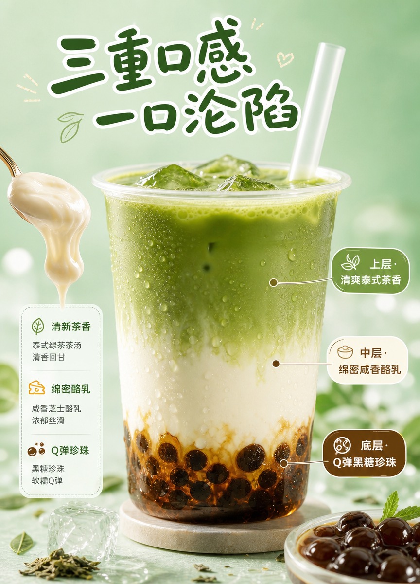 [商品] 泰式绿茶咸法酪饮品特写，透明杯侧视展示完美三层结构：… - 图片创意预览