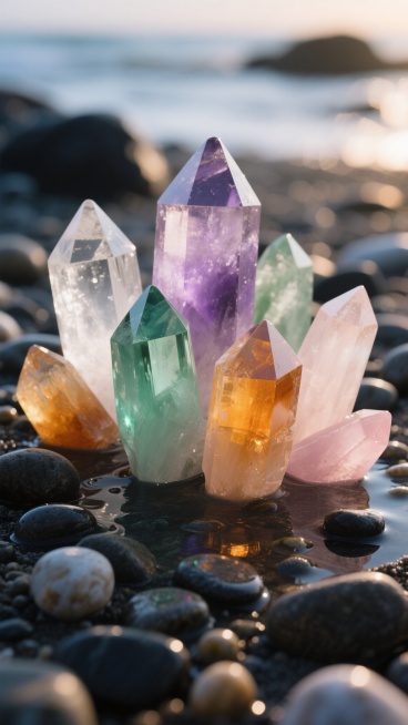一组造型各异、棱角分明的多色水晶簇，包含透明无色、淡紫、翠绿、橙黄、浅粉等多种色彩，晶体表面光滑且折射出璀璨光芒，部分水晶半浸在湿润的深色鹅卵石滩上，周围散落着小颗圆润石子，温暖柔和的侧逆光照明，清晰预览效果