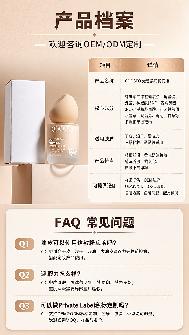 [商品] 使用【图1】COOSTO 光感柔润粉底液，保留磨砂玻璃瓶身、水滴形粉扑盖、白色外盒、COOSTO Logo、产品颜色和结构；产品处理：增强质感，不改变外观。
[画面] 产品档案页，目标展示完整产品信息与FAQ；采用上下分区布局：上半部分左物右表（产品图+参数表），下半部分为FAQ常见问题区；左侧产品图占35%，右侧参数表占65%；背景为裸杏色浅渐变，搭配简洁线条分割；底部FAQ区用浅底卡片承载。
[视觉] 套系策略：风格=高级美妆商业摄影，柔光奶油质感；标题字=现代无衬线粗体（思源黑体Heavy）；正文字=简洁无衬线体（思源黑体Regular）；主色=裸杏色/奶茶色；背景延展=裸杏色深浅渐变、同色几何块面、细腻磨砂/纸张质感；强调色=玫瑰金/暖金色，仅用于表格标题栏、Q标签、引线；标题色=深棕咖色；正文色=中暖棕色；组件=圆角参数表、Q/A标签、细线分割、信息卡片；光影=柔和漫射光，均匀明亮。
[文字] 顶部大标题：产品档案｜欢迎咨询OEM/ODM定制；参数表（左列项目、右列详情）：产品名称：COOSTO 光感柔润粉底液；核心成分：环五聚二甲基硅氧烷、角鲨烷、泛醇、神经酰胺NP、麦角硫因、3-O-乙基抗坏血酸、可溶性胶原、积雪草、马齿苋、母菊、甘草等多重植萃提取物；适用肤质：干皮、混干、混油皮，日常轻妆、通勤妆适用；产品特点：轻薄丝滑、柔光奶油妆效、植萃养肤、抗氧化、贴肤不易浮粉；可提供服务：样品提供、OEM贴牌、ODM定制、LOGO印刷、包装方案、色号调整、配方微调；底部FAQ区标题：FAQ 常见问题；Q1：油皮可以使用这款粉底液吗？A：更适合干皮、混干、混油；大油皮建议做好妆前控油，搭配定妆产品使用。Q2：遮瑕力怎么样？A：中度遮瑕，可遮盖泛红、浅痘印、肤色不均；重度瑕疵需要局部叠加遮瑕。Q3：可以做Private Label私标定制吗？A：支持OEM&ODM私标定制，色号、包装、香型均可调整，欢迎咨询MOQ、样品与报价；文字全部横向排版，表格清晰，手机端可读。
[规格] 图片比例9:16竖版，4K分辨率，避免变形、错字、文字过小、竖排文字、绝对化用语、医疗功效承诺。