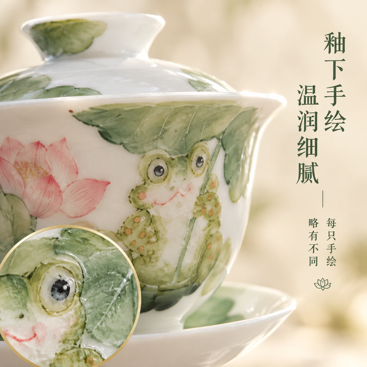 [主图-3] 手绘青蛙荷花盖碗 材质细节 碗身手绘与釉面特写… - 图片创意预览