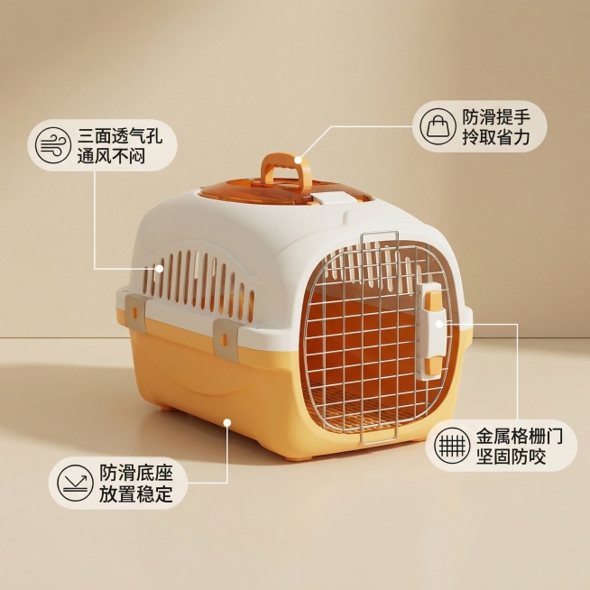 航空箱猫包居中放置，主体占比55%；背景为浅米色纯色墙面，暖白光均匀打在产品上。从产品对应部位引出纤细白色引线，分别连接到透气格栅、顶部提手、金属前门、底部防滑垫位置。引线末端分别对应悬浮卖点文案：“预览效果