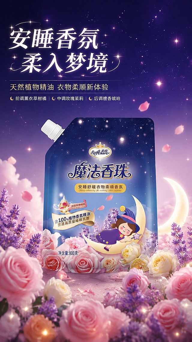 [第1屏] 详情页头图主视觉-柔欣安睡舒缓衣物柔顺香氛产品海报。本屏使用【图1】作为商品主体，保持产品包装结构、颜色、图案与原图完全一致。
[氛围/风格] 梦幻安睡星空氛围，紫蓝渐变色调，温馨治愈感，商业摄影质感，高级香氛洗护风格。
[元素布局] 产品包装袋置于画面中央偏下位置，占比约55%-60%，正面展示，包装上的魔法香珠字样、小女巫月亮图案、玫瑰花薰衣草元素清晰完整；背景为深邃星空渐变，从上到下由深紫蓝过渡到柔粉紫色，点缀闪烁星光和飘落的花瓣；底部铺陈柔软的粉色玫瑰、黄色玫瑰和薰衣草花丛，花丛中散落星光粒子；左上角留出标题区域，右下角有弯月和云朵装饰元素；产品物理结构、比例轮廓、颜色色号与输入产品图完全一致，禁止变形。
[光影质感] 顶部柔和星光漫射，产品正面均匀受光，边缘有淡淡光晕，底部花丛有自然柔光投影，整体通透梦幻。
[配色色系] 全局底色 #2A1B5E 深紫蓝渐变至 #F5E6FA 柔粉紫；主色深紫蓝+柔粉；辅助色金色星光、玫瑰粉、薰衣草紫。
[视角构图] 正面微仰视，产品为视觉中心，阅读动线左上标题 → 中部产品 → 底部花丛。
[文字版式] 版式为左上大标题 + 中部产品 + 底部装饰。主标题「安睡香氛 柔入梦境」，副标题「天然植物精油 衣物柔顺新体验」，主标题白色衬线字体加粗，副标题浅金色细体；标题下方小字「前调薰衣草柑橘 中调玫瑰茉莉 后调檀香琥珀」；文字不遮挡产品主体。
[比例分辨率] 9:16 竖版比例，4K 分辨率，文字清晰可辨，高清画质。
[负向提示词] 产品变形，包装文字错乱，缺件错件，颜色偏差，水印，文字过小，背景杂乱，产品图模糊。