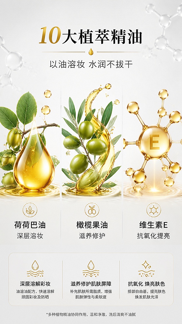 [第4屏] 详情页成分功效 - 植物精粹成分解析。本屏为成分机理专屏，无需产品主图。
[氛围/风格] 高级科研感，浅灰底 + 金色成分元素，自然植物质感，参考图1的成分页风格。
[元素布局] 上半部分为成分标题区，中间展示3大核心成分的大图：荷荷巴油（金黄色油滴 + 植物叶片）、橄榄果油（橄榄果实 + 油质纹理）、维生素E（分子结构 + 光泽感）；每个成分占画面约25%，成分元素放大为主视觉；底部为成分功效说明区；背景为浅灰色，有细微的分子结构纹理点缀。
[光影质感] 柔和顶光，成分元素有立体感和光泽感，油滴通透，植物自然真实。
[配色色系] 全局底色 #F5F5F5 浅灰；主色金黄色油滴、绿色植物；辅助色深灰文字、金色高亮。
[视角构图] 上下结构，成分元素居中排列，阅读动线从上到下。
[文字版式] 顶部主标题「10大植萃精油」，副标题「以油溶妆 水润不拔干」；3个成分各配名称 + 功效短句：「荷荷巴油 深层溶妆」「橄榄果油 滋养修护」「维生素E 抗氧化提亮」；成分名称加粗，功效说明小字；文字清晰可读。
[比例分辨率] 9:16 竖版比例，4K分辨率，文字清晰可辨，高清画质。
[负向提示词] 变形，水印，文字错乱，文字过小，背景杂乱，医疗功效承诺，虚假宣传。