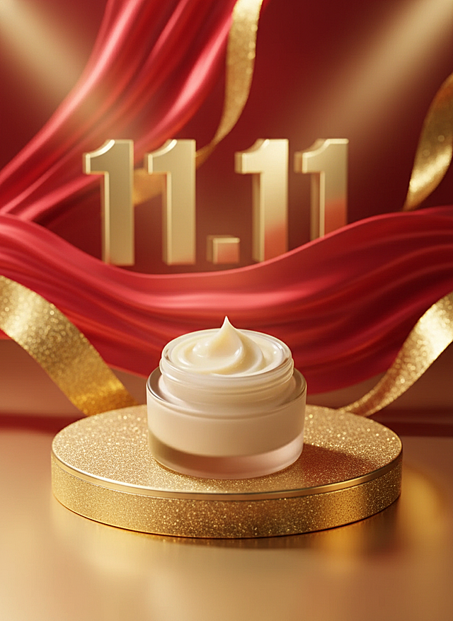 商品置于金色带闪粉的展台上，背景装饰着红色、金色丝带，背后有金色的“11.11”数字立牌，整体以红色、金为主色调，营造出精致且富有质感的电商促销氛围。