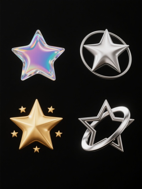 3D风格，黑色纯色背景，四个星型装饰元素规整排布，无任何文字、logo、水印。元素1：全息渐变效果的星型装饰，造型如同带有流动感的透明水晶，呈现梦幻色彩变化；元素2：金属质感星型装饰，由银色星形与环形组合而成，线条锐利，具有强烈金属光泽；元素3：金色星型装饰，主体是一颗大金色星星，周围环绕几颗较小金色星星，线条简洁明快，带有复古华丽感；元素4：银色金属质感星型装饰，由星形与弧形结构组合，造型独……预览效果