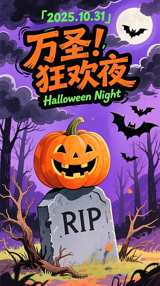 手绘插画风格，平面质感。画面中央是咧嘴大笑的橙色南瓜灯，坐在刻有“RIP”的灰色墓碑上，墓碑旁散落枯树枝，背景是布满乌云的紫色月夜森林，几只黑色蝙蝠从画面右侧飞过。南瓜灯上方橙黑主标题“万圣！ 狂欢夜”，副标“Halloween Night”，极强万圣的节艺术字体设计。画面上方有绿色字样“「2025.10.31」”