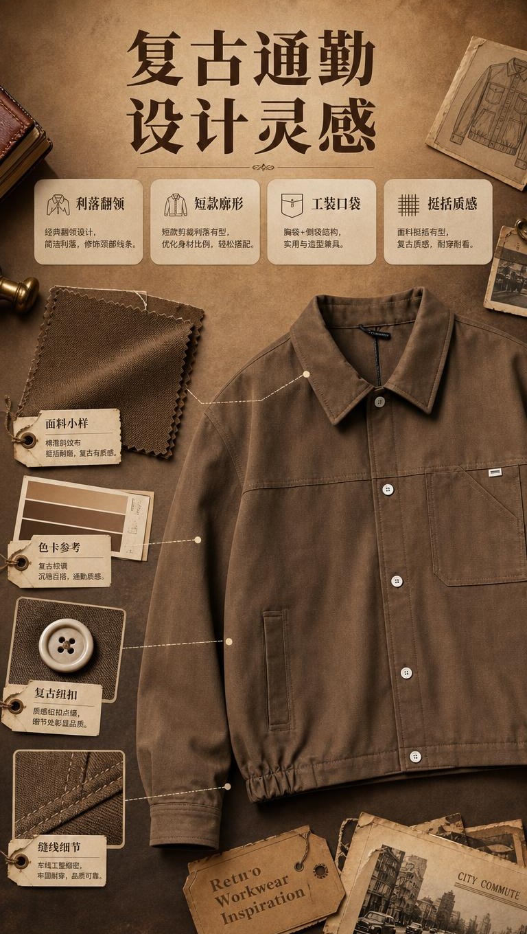 [商品] 使用【图1】棕色翻领短款夹克；商品处理：保留翻领、单… - 图片创意预览