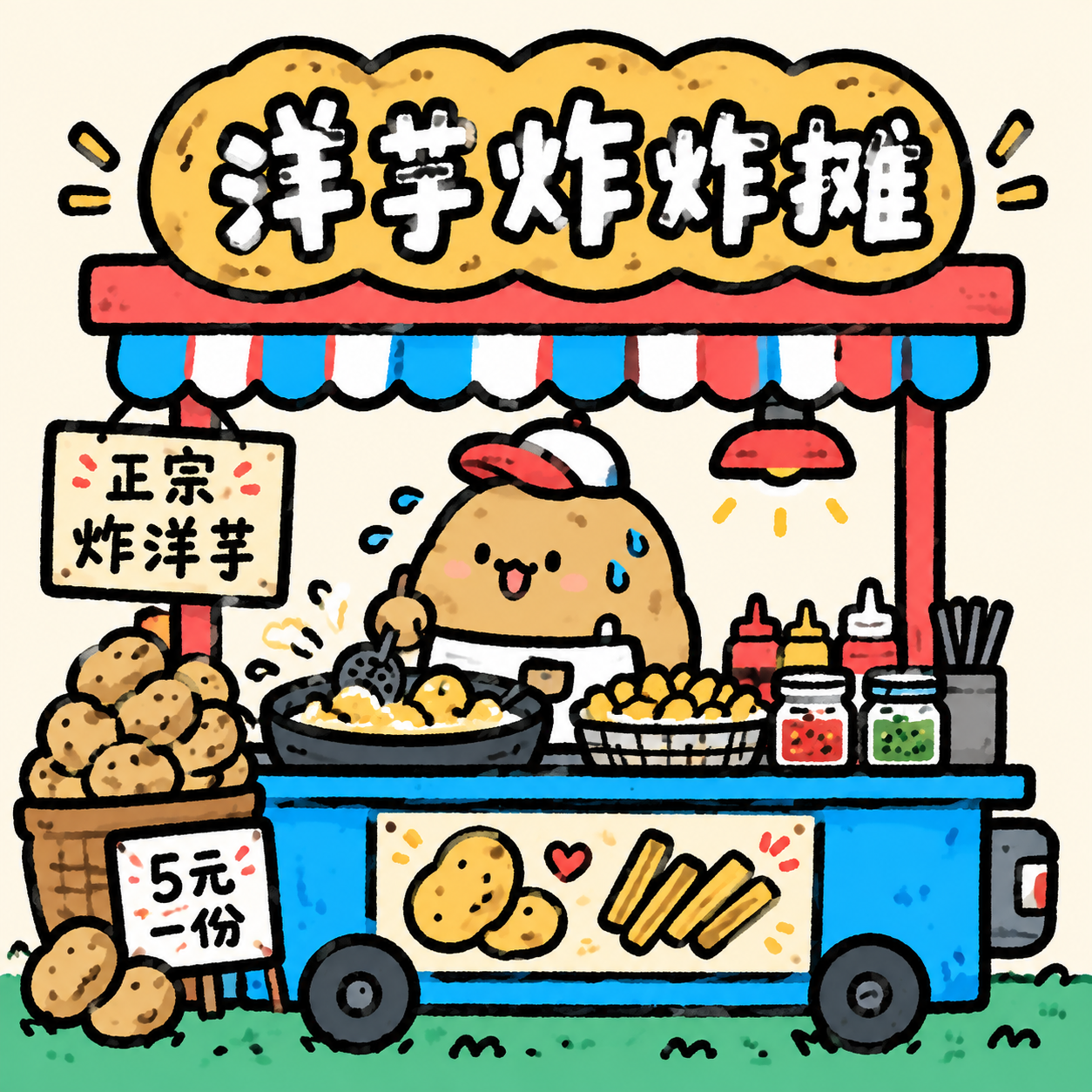 参考图中的Q版简笔画风格，设计一款土豆形象的方形冰箱贴图案，主… - 图片创意预览