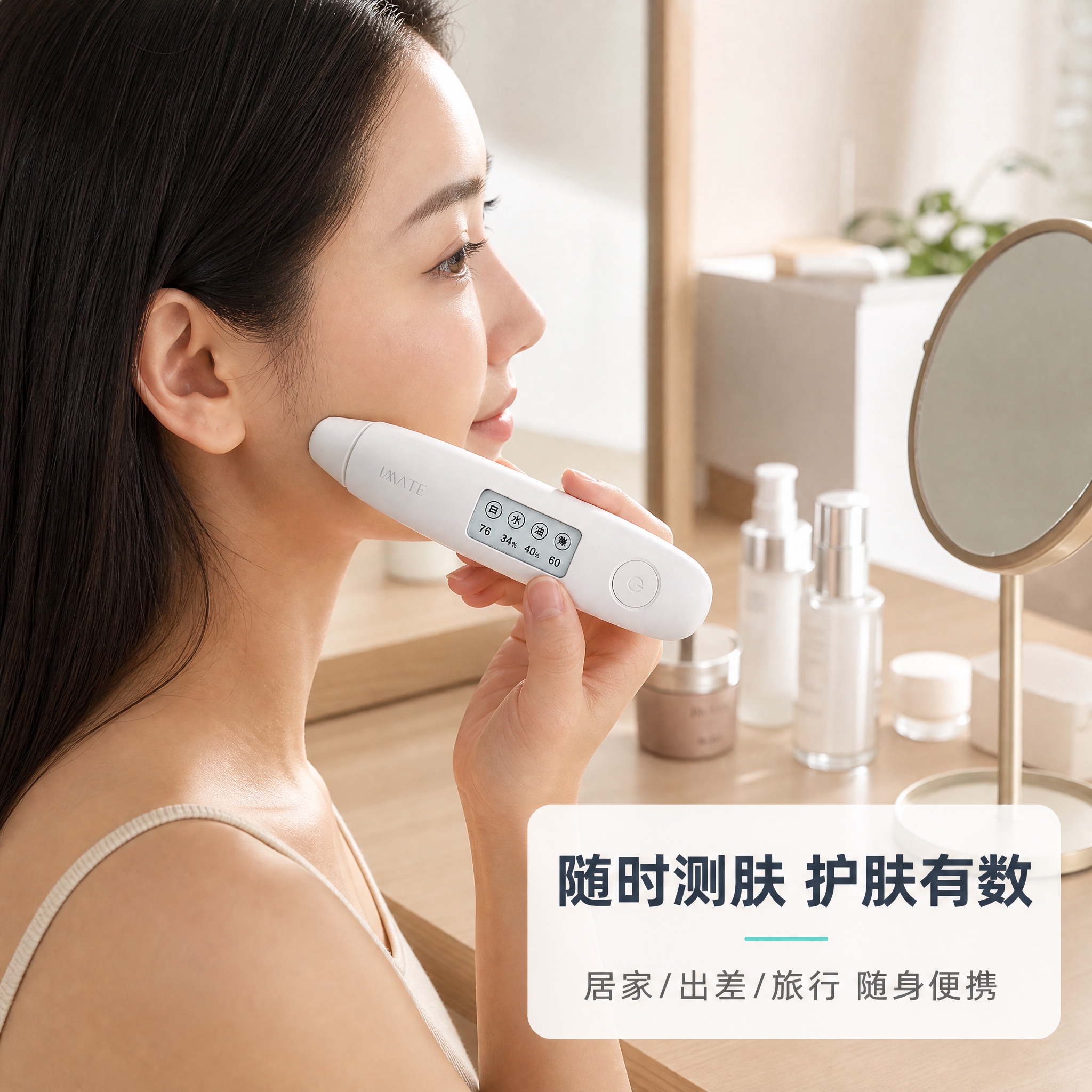 [主图-4] 真实使用场景，展示女性在家中使用皮肤测试仪检测脸… - 图片创意预览