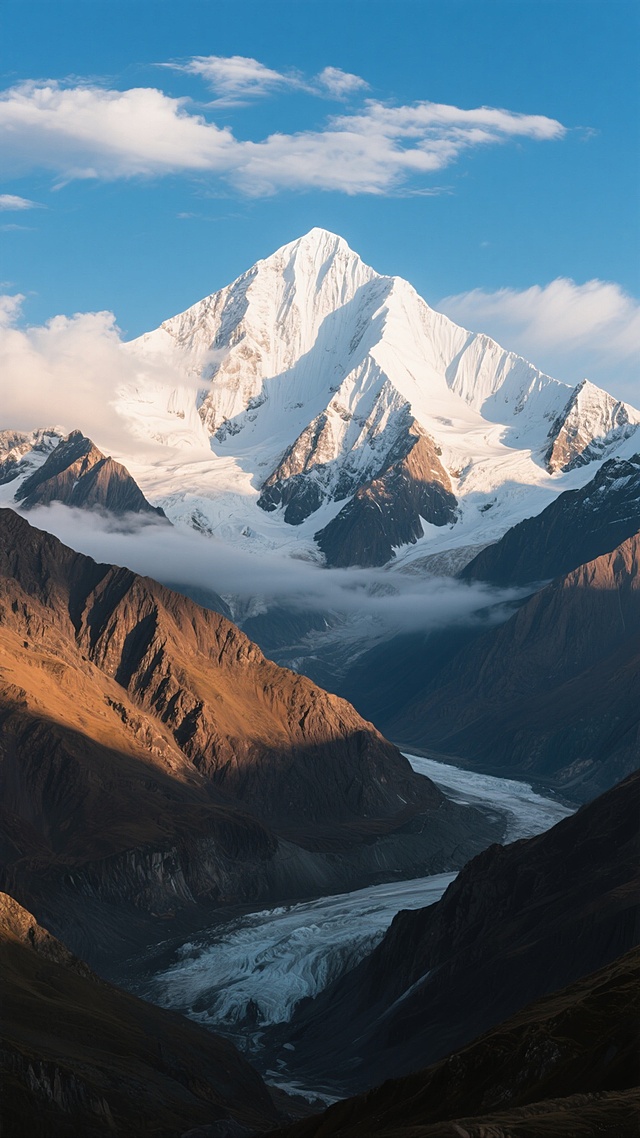 写实主义摄影风格的雪山全景，湛蓝纯净的天空中点缀着几缕形态各异的絮状白云，画面中央矗立着巍峨的雪峰，山顶覆盖着厚实的积雪，山脊线锐利清晰，阳光照射下的雪面呈现出明亮的高光与柔和的阴影过渡，山体下部为深褐色岩石，岩石纹理粗糙且层次分明，近处的山峦呈现出暖棕色与深褐色的渐变，山谷间可见部分冰川痕迹，整体光影为清晨或傍晚的侧逆光效果，营造出壮阔、宁静而神圣的氛围，增加几处山间飘动的薄雾，使画面增添一丝朦胧的神秘感。