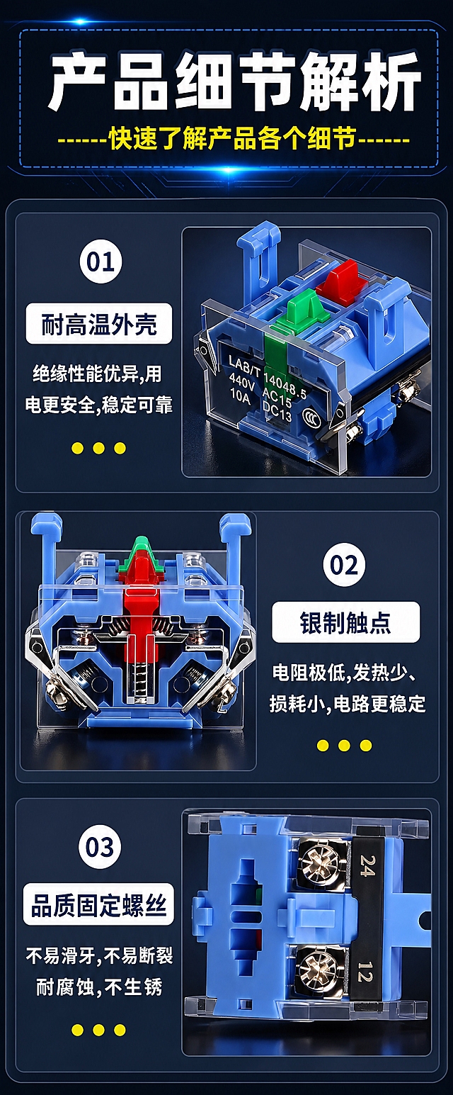 电商详情页长图，触点底座产品细节解析图，750px宽，深蓝科技工业风，产品精修。全部文字使用思源黑体 Bold字体。产品上的"浙江凯蓝电气有限公司"和"CHKL"去掉。

[画面结构] 从上到下布局：顶部标题区 + 三个细节解析模块。整体深蓝科技背景风格。

[顶部标题区]
深蓝色到黑色的科技感渐变背景，带有微弱的蓝色光晕和光线效果，虚线边框装饰。
大标题："产品细节解析" 白色超大粗体居中
副标题："------快速了解产品各个细节------" 黄色粗体居中

[细节模块1 - 耐高温外壳]
深灰色半透明圆角卡片，左文右图布局。
左侧：
  顶部白色圆形数字"01"
  白色圆角标签："耐高温外壳" 深蓝色粗体
  说明文字："绝缘性能优异,用电更安全,稳定可靠" 白色粗体两行
  底部三个黄色小圆点装饰
右侧：
  蓝色触点底座产品立体图，透明外壳可见内部红绿触点。产品透明外壳上的"CHKL"和"浙江凯蓝电气有限公司"字样全部清除去掉，只保留LA38型号和参数标识。产品精修，金属螺丝高光锐利，塑胶质感干净。

[细节模块2 - 银制触点]
深灰色半透明圆角卡片，左图右文布局。
左侧：
  蓝色触点底座剖面图，展示内部银触点和弹簧结构。产品精修，银触点银色质感真实，弹簧结构清晰，金属件高光锐利。
右侧：
  顶部白色圆形数字"02"
  白色圆角标签："银制触点" 深蓝色粗体
  说明文字："电阻极低,发热少、损耗小,电路更稳定" 白色粗体三行
  底部三个黄色小圆点装饰

[细节模块3 - 品质固定螺丝]
深灰色半透明圆角卡片，左文右图布局。
左侧：
  顶部白色圆形数字"03"
  白色圆角标签："品质固定螺丝" 深蓝色粗体
  说明文字："不易滑牙,不易断裂 耐腐蚀,不生锈" 白色粗体两行
  底部三个黄色小圆点装饰
右侧：
  蓝色触点底座螺丝部位特写图，展示两个金属固定螺丝和编号24、12。产品精修，螺丝金属质感真实锐利，细节清晰。

[视觉统一] 套系策略：风格=深蓝科技工业风；标题字=思源黑体 Bold；正文字=思源黑体 Bold；主色=深蓝黑；背景延展=深蓝黑渐变+科技光晕；强调色=蓝色（产品）、黄色（副标题、圆点装饰）、白色（文字、标签）、红色（常闭触点）、绿色（常开触点）；组件=深灰半透明卡片、白色圆形编号、白色圆角标签、黄色圆点；光影=左前侧主光，金属高光清晰，产品有立体感。

[产品处理] 所有产品透明外壳上的"CHKL"和"浙江凯蓝电气有限公司"字样全部清除，只保留LA38型号、电压电流参数、CCC认证等技术标识。产品精修，金属件高光锐利，银触点质感真实，透明件通透，塑胶件干净无划痕。

[文字要求] 全部文字使用思源黑体 Bold字体，横排，排版整齐，层级清晰，手机端可读。文案与原图完全一致，不增减内容。

[规格] 图片宽度750px，竖版长图，2K分辨率，避免变形、错字、文字过小、产品模糊、背景杂乱、水印、平台logo。产品上无CHKL和浙江凯蓝电气有限公司字样。