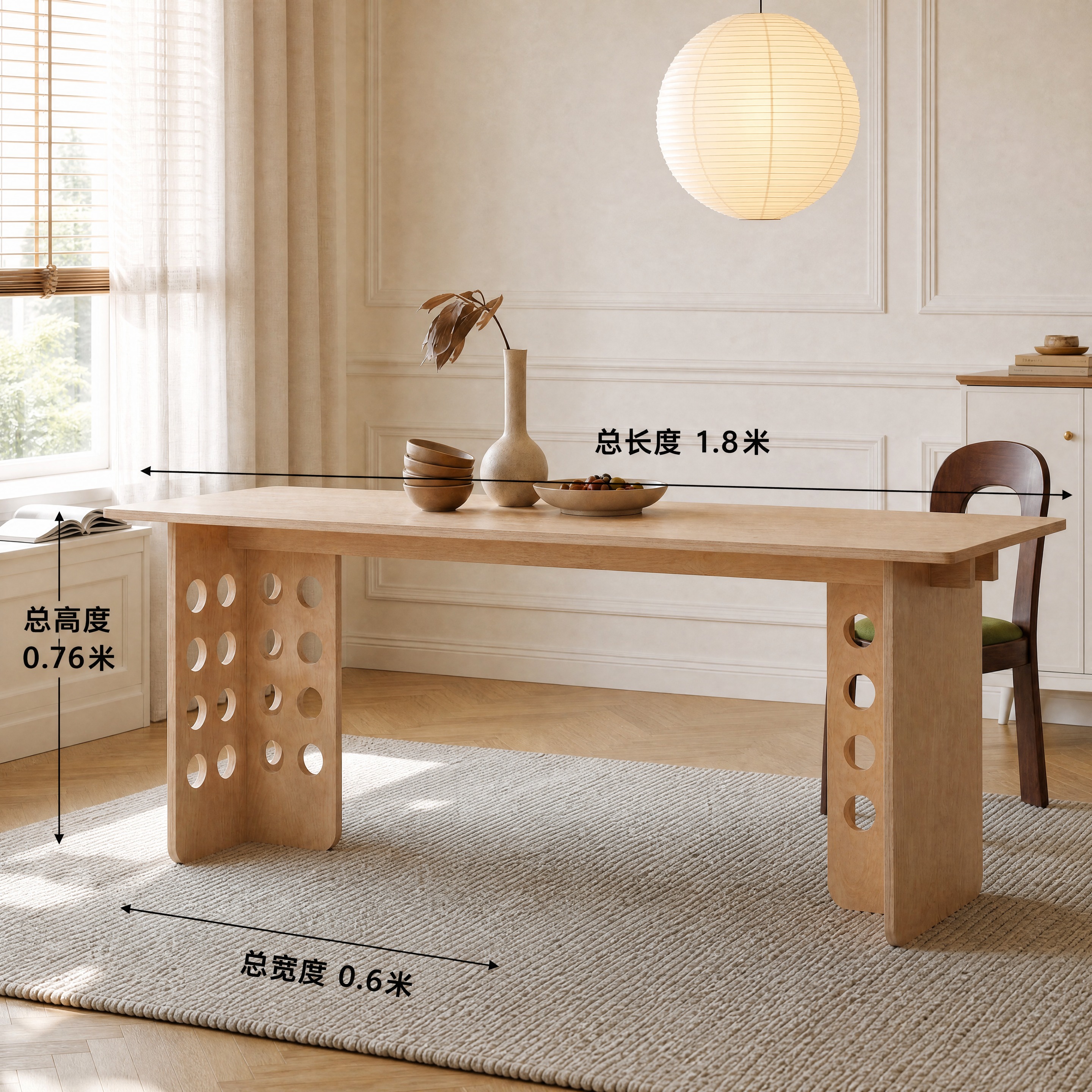 基于上传的餐桌场景图，调整餐桌长度为1.8米（总宽度0.6米，… - 图片创意预览