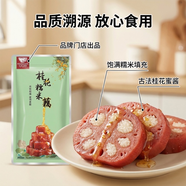 [主图主题] 桂花糯米藕品质卖点展示图，[氛围/风格] 干净舒适的家庭餐食风格，自然暖光，[画面元素] 左侧为完整的桂花糯米藕产品包装袋，右侧是切开的糯米藕横截面特写，藕孔中塞满饱满糯米，表面挂着透亮预览效果