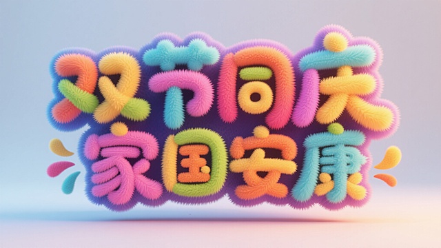 立体彩色艺术字，毛绒风格，文字"双节同庆，家国安康"，粗标题，大小字排版，卡通风格，艺术构图，笔画末端延长，潮流时尚​​，比例 「16:9」分辨率为2K