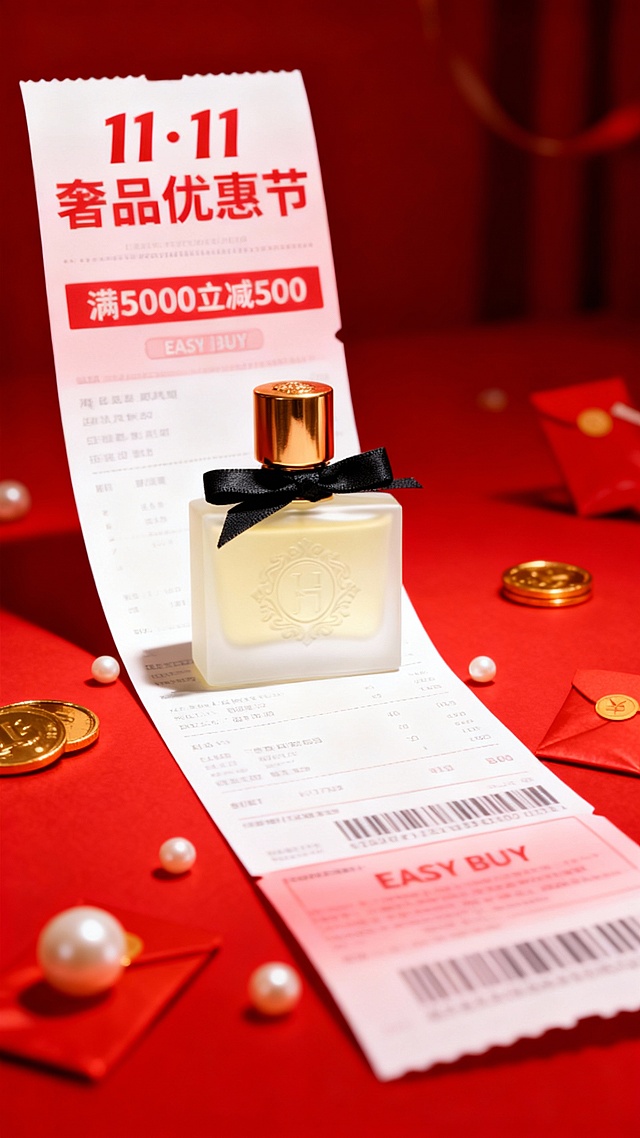 背景是一张大型长条购物小票，主体压着购物小票，小票上主标题为红字“11·11 奢品优惠节”，副标题为“满5000立减500”，“EASY BUY”，金色硬币、珍珠、红包等元素点缀，渐变红色调购物氛围。
