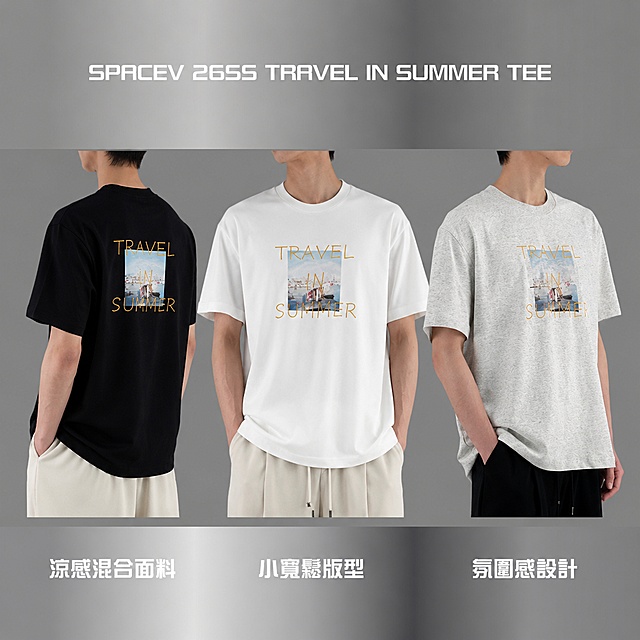 参考第二张图的排版风格和灰渐变背景，将第一张图的黑、白、灰三件旅行印花tee恤制作成同款三格拼接模特展示图，顶部文字改为“SPACEV 26SS TRAVEL IN SUMMER TEE”，底部保留三个卖点文字“凉感混合面料 小寬鬆版型 氛圍感設計”，删除右下角的inlab文字，整体风格和排版与参考图一致。