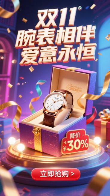 充满活力的双11销售海报构图。一枚优雅的手表放在打开的奢华礼盒中，周围是漂浮的彩带和金色丝带。电商风格，明亮欢快的灯光。“双11”Logo巨大且具有庆典感，位于顶部。主标题“腕表相伴 爱意永恒”采用粗预览效果