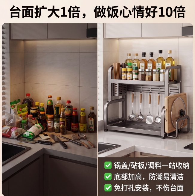 厨房台面左右分割对比图，突出收纳效果，左边暗色调杂乱台面堆满调料瓶、塑料袋、刀具，右边明亮整洁台面，展示使用后的碳钢调料收纳架，收纳架分区清晰，有调料区、砧板区、筷子筒、挂钩，所有物品分类摆放。顶部大预览效果