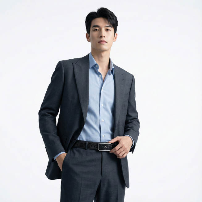 让第一张图中的模特站立并穿戴第二张图中的皮带，姿势自然展示皮带，背景白色突出商务高端预览效果