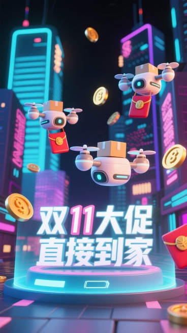 赛博朋克风格，夜晚未来都市背景，科技感无人机带着包裹出现，3 个小无人机运送红包袋，背景点缀着霓虹特效的金币、流动的数字红包与赛博数据流，画面下方是全息投影效果的 3D 文字灯牌 “双11大促 直接到预览效果