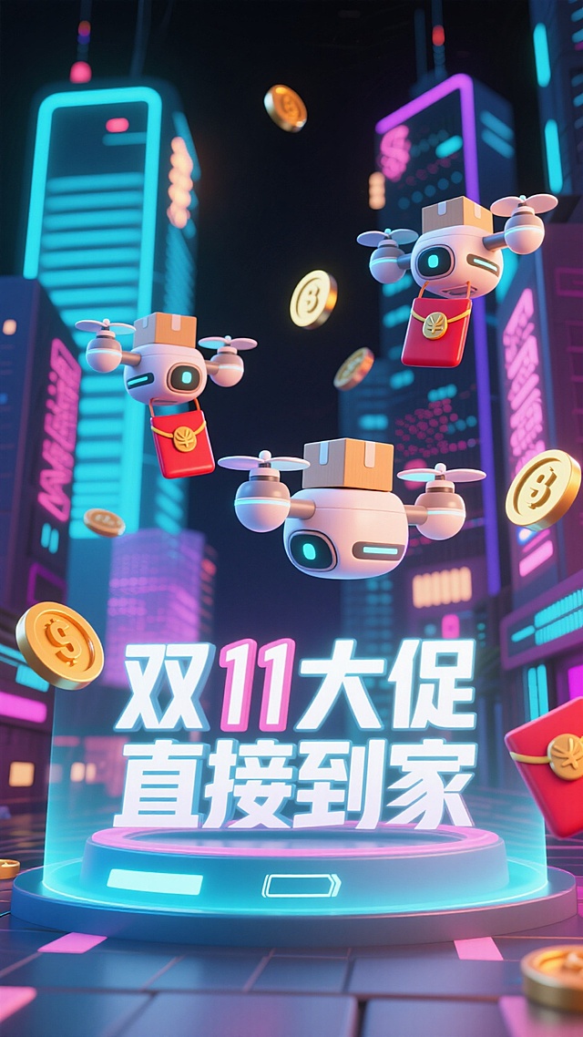 赛博朋克风格，夜晚未来都市背景，科技感无人机带着包裹出现，3 个小无人机运送红包袋，背景点缀着霓虹特效的金币、流动的数字红包与赛博数据流，画面下方是全息投影效果的 3D 文字灯牌 “双11大促 直接到家”。