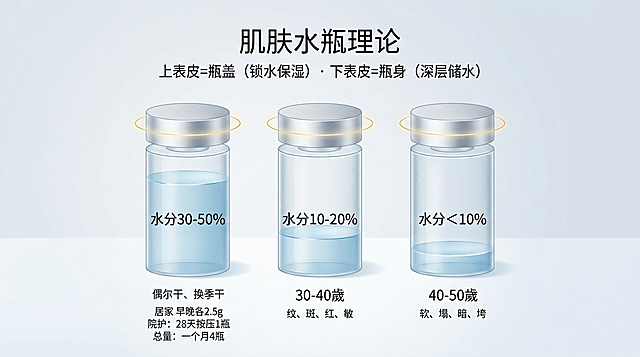 一张极简、高级的护肤品科学信息图，展示品牌"肌肤水瓶理论"概念。画面主体三个从左到右排列的半透明玻璃质感圆柱体，代表下表皮；每个圆柱上方有一个磨砂金属质感的圆形瓶盖，代表上表皮，瓶盖周围带有微弱的金色光晕，体现锁水密封功能。三个圆柱内水蓝色液体高度不同：最左对应20-30岁，水位线在80%高度，标注"水分30-50%"，下方小字标注肌肤问题：偶尔干、换季干，用量：居家 早晚各2.5g，院护：28天按压1瓶，总量：一个月4瓶；中间对应30-40岁，水位线在40%左右，标注"水分10-20%"，下方小字标注：纹、斑、红、敏；最右对应40-50岁，水位线在15%左右，标注"水分<10%"，下方小字标注：软、塌、暗、垮。色调使用低饱和度冷蓝、灰白、淡金，背景为浅灰到极淡蓝的渐变，保留大量留白。顶部标题为"肌肤水瓶理论"，副标题为"上表皮=瓶盖（锁水保湿）· 下表皮=瓶身（深层储水）"。整体风格结合《科学》杂志插画和高端护肤品广告特点，干净、通透、专业，无写实人物，无卡通，无高饱和色彩，横版16:9构图