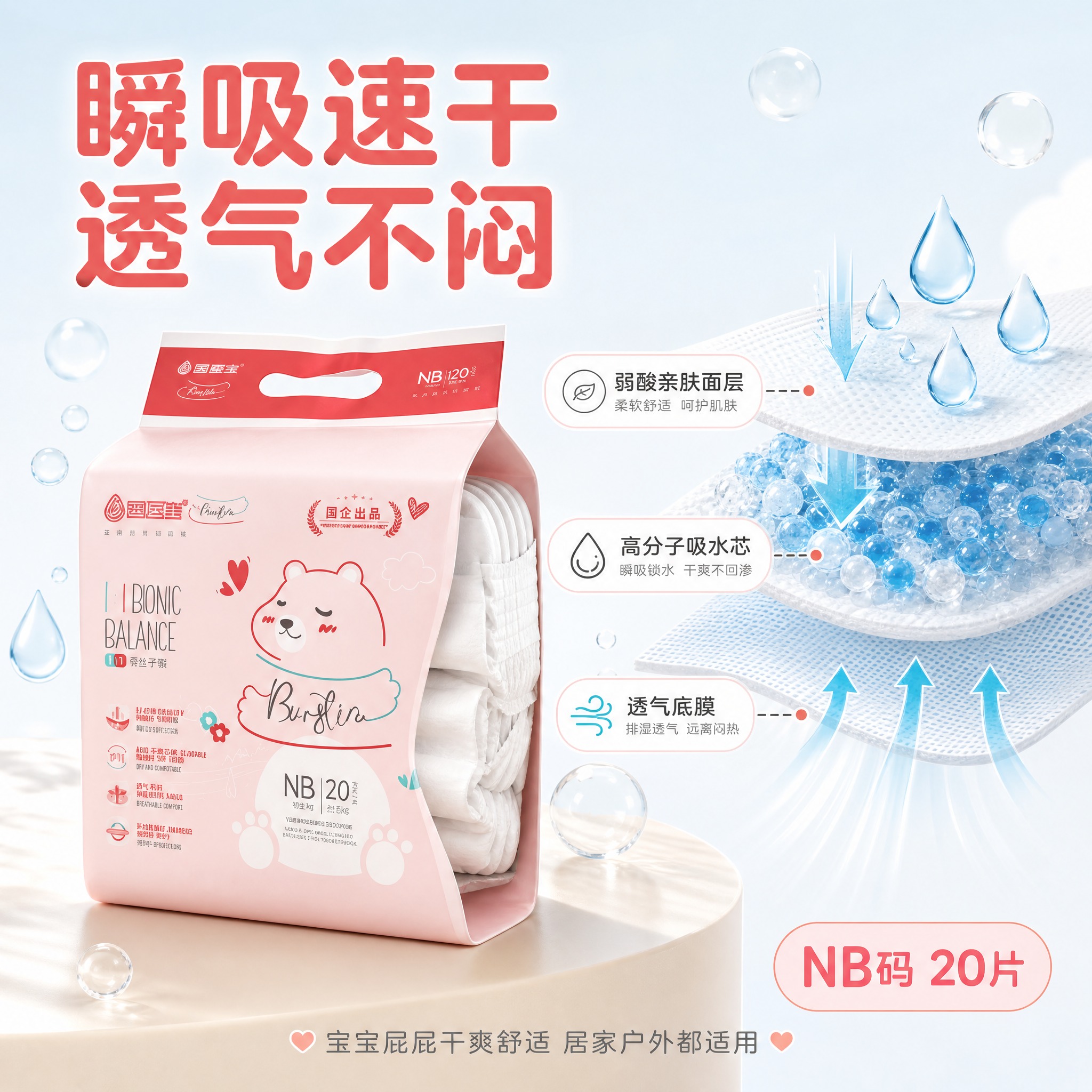 [主图-2] 蚕医生活力系列纸尿裤NB码 核心功能透气干爽机理… - 图片创意预览