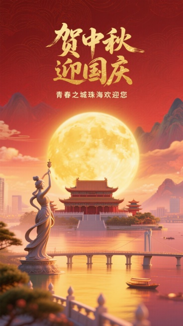 中式美学风格，背景：褚红色，山水暗纹。画面上方有书法字标题“贺中秋 迎国庆”和小字“青春之城珠海欢迎您”，金色；画面下方为故宫建筑，后面是模糊的金黄色圆月轮廓，呈现高斯模糊与炫彩光影叠化效果，增强梦幻预览效果