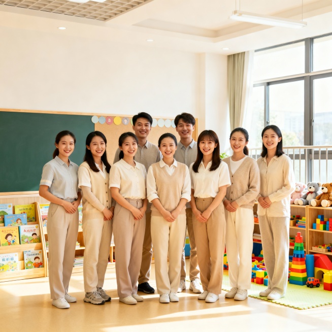 重新生成一个图片：一些早教老师站着的集体照，笑容灿烂，早教老师的风格预览效果