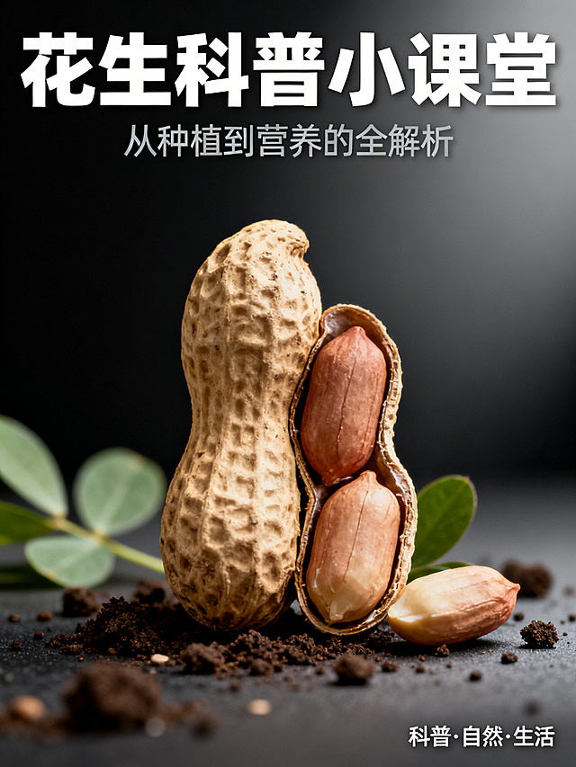 科普花生的公众号封面，黑灰色高级质感底调，整体风格高端大气，排版简约精致，主体突出花生，设计大气上档次，适合知识科普内容