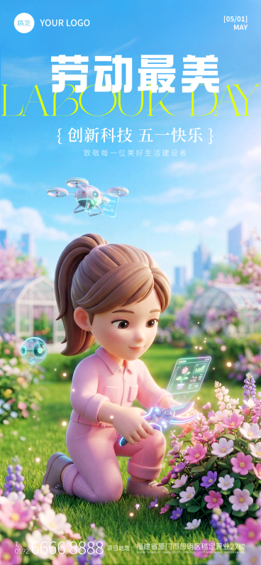 五一劳动节节日祝福IT行业3D风全屏竖版海报预览效果