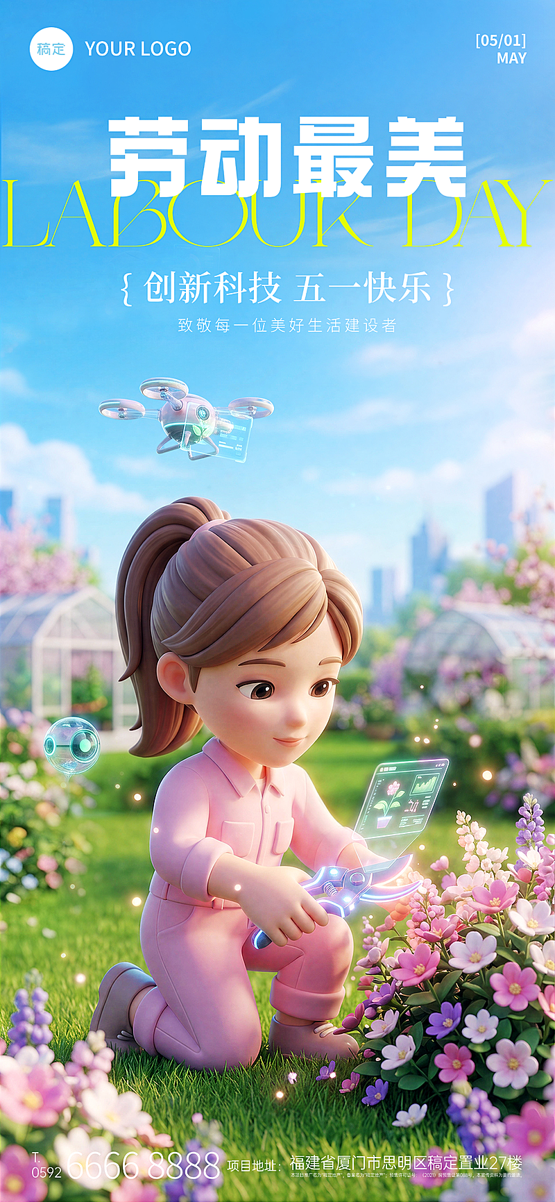 五一劳动节节日祝福IT行业3D风全屏竖版海报