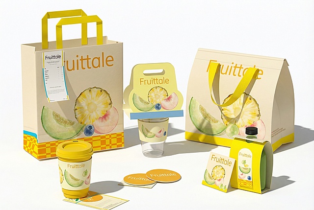 将图1中的Fruittale品牌的饮品、手提袋、杯托、卡片等产品，按照图2的排列方式重新组合摆放，保留图1的产品设计风格