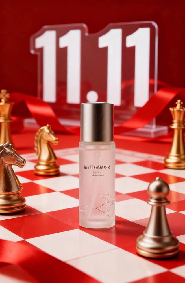 商品置于红白相间的棋盘上，周围有金银两色国际象棋棋子，背景装饰着红色丝带与“11.11”数字透光立牌，整体以红、金为主色调，营造出精致且富有质感的氛围。
