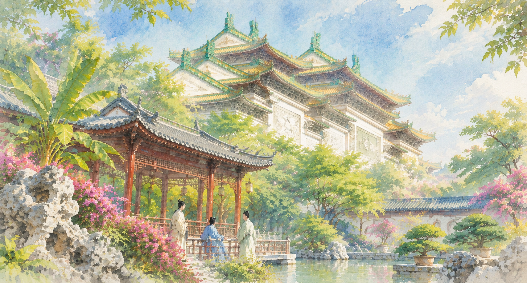 将画面整体转换为水彩画风格，画面内容、构图、建筑结构、人物姿态… - 图片创意预览