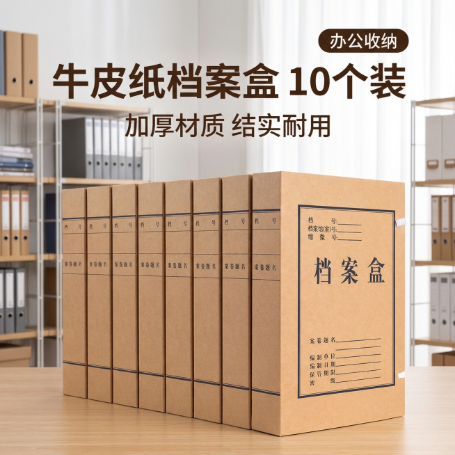 [主图1] 牛皮纸档案盒电商首图，风格为专业商务办公室场景，光影柔和明亮，10个牛皮纸档案盒整齐排列展示，主体产品居中放大，背景为干净整洁的文件档案室置物架，整体简约专业。文案“牛皮纸档案盒 10个装预览效果