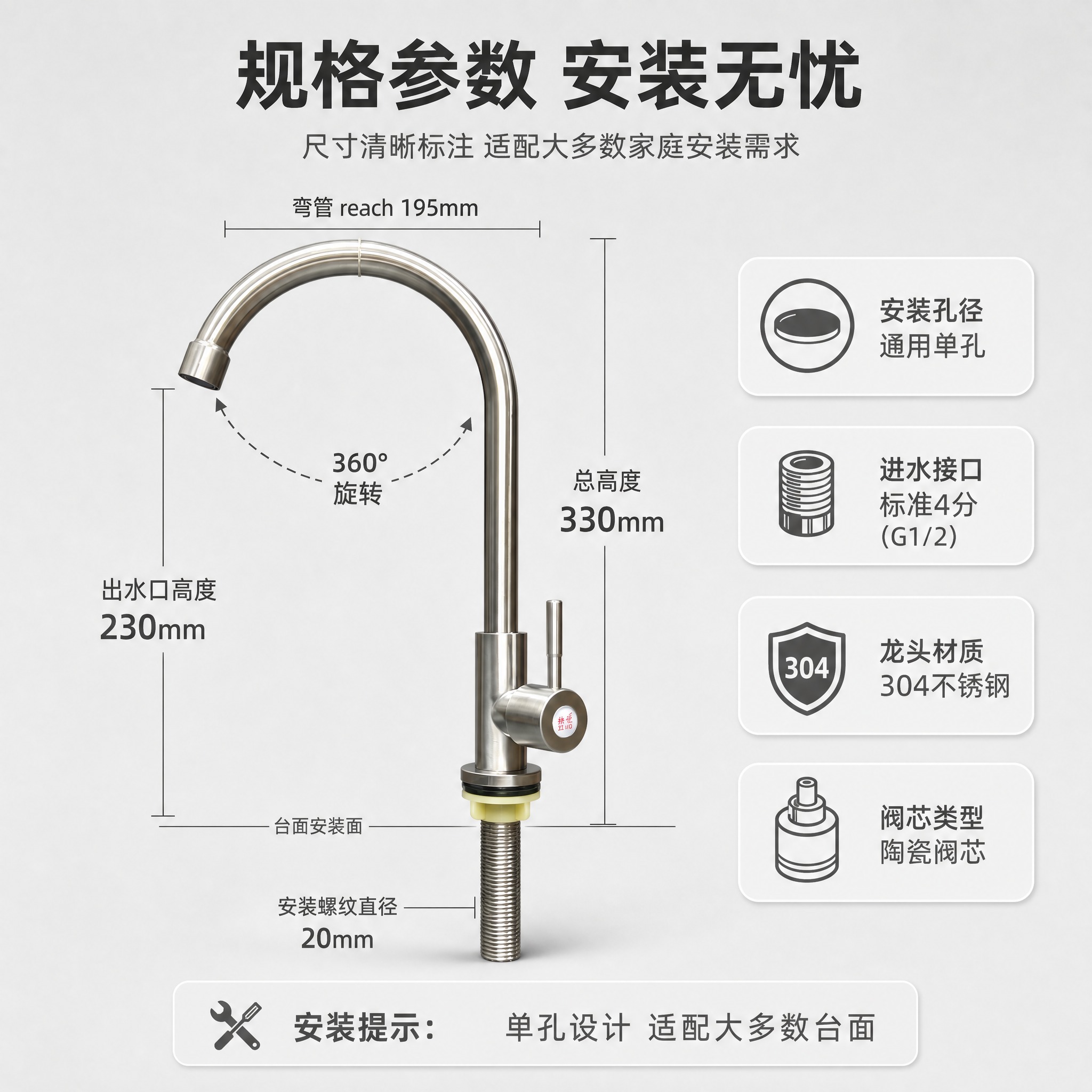 [主图-5] 规格尺寸与安装示意图，展示产品尺寸参数和单孔安装… - 图片创意预览