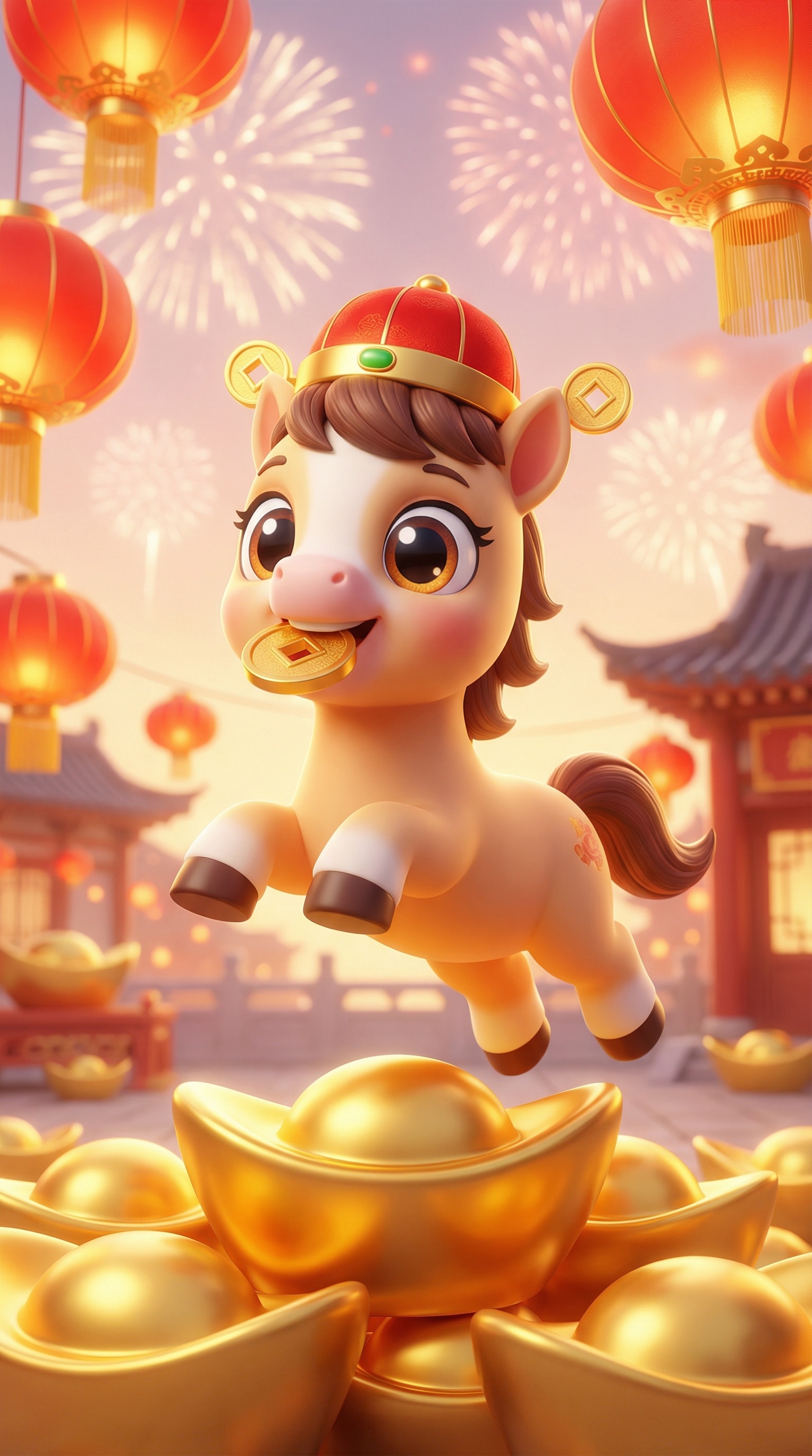 卡通吉祥风，核心角色： 大眼睛的可爱小马驹，戴着传统红色中国帽… - 图片创意预览