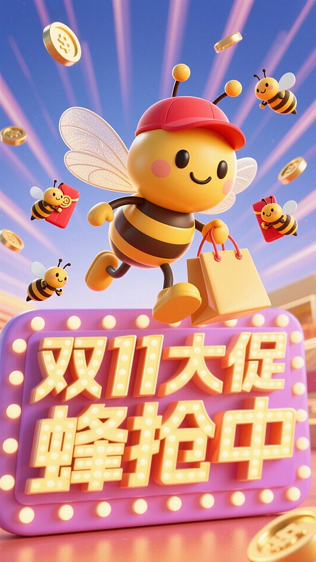 主视觉为带着红帽子的蜜蜂提着购物袋冲出画面，背后跟着3只拿着红包袋的小蜜蜂，正面视角，背景金币、红包、放射线点缀，画面下方为3D文字灯牌“双11大促 蜂抢中”
