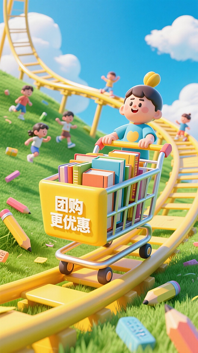 主视觉为装满图书的购物车在黄色过山车轨道上快速滑行，购物车上写“团购更优惠”，背景包含绿色草地和蓝天白云。草地上有儿童，铅笔、橡皮等文具散落在周围
