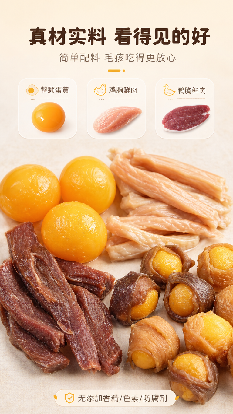 [商品] 使用【图1】肉绕蛋黄宠物零食，重点展示原料构成：整颗… - 图片创意预览